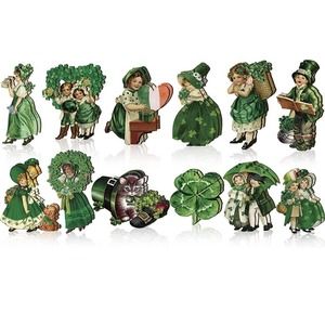 St. Patrick’s Day - 4 Leaf Clover wooden “Vintage” hanging ornaments set of 12